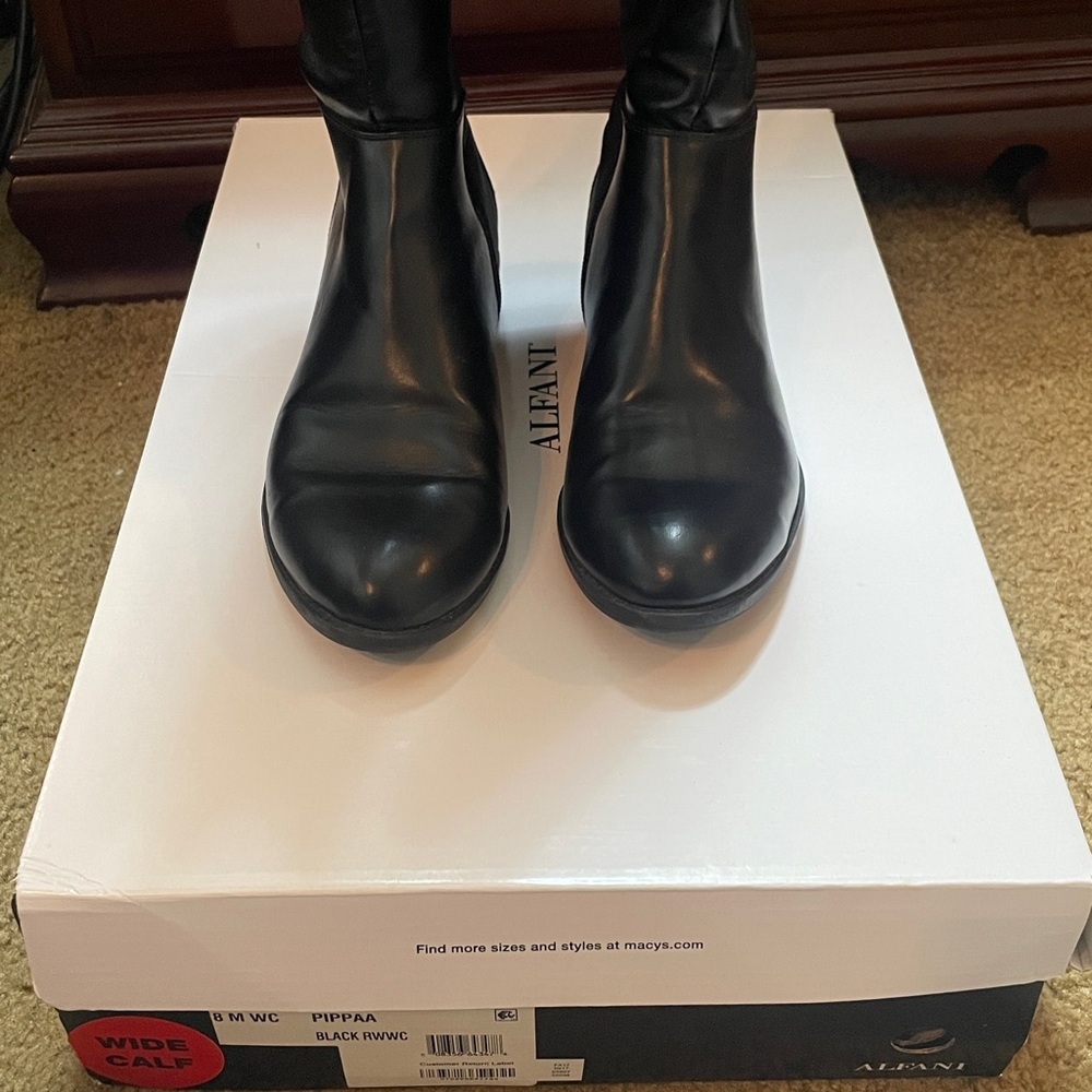 NIB- Alfani Classic Black Leather Knee High, Low Heeled Boots.